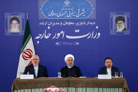 Iranian President Hassan Rouhani is seen during a meeting with Iran's Foreign Minister Mohammad Javad Zarif and with deputies and Senior directors of the Ministry of Foreign Affairs in Tehran