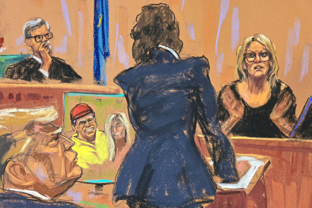 A sketch of Stormy Daniels being questioned by prosecutor Susan Hoffinger before Judge Juan Merchan.