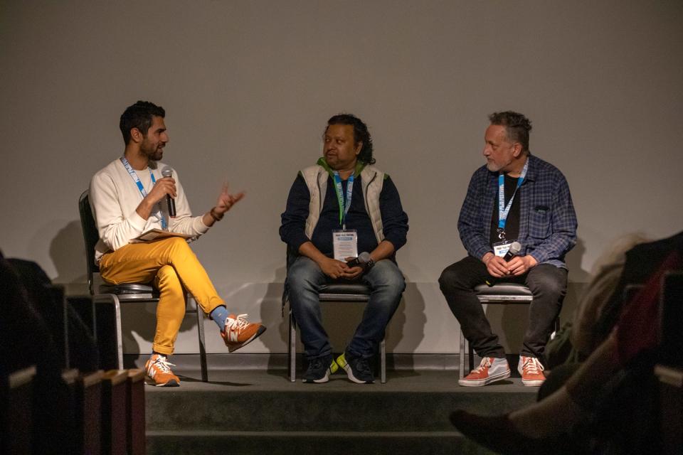 (Left to Right)Razi Jafri hosts a Q&A with directors of the film "In Search of Bengali Harlem" Alaudin Ullah and Vivek Bald at the Detroit Historical Museum on April 28, 2023.