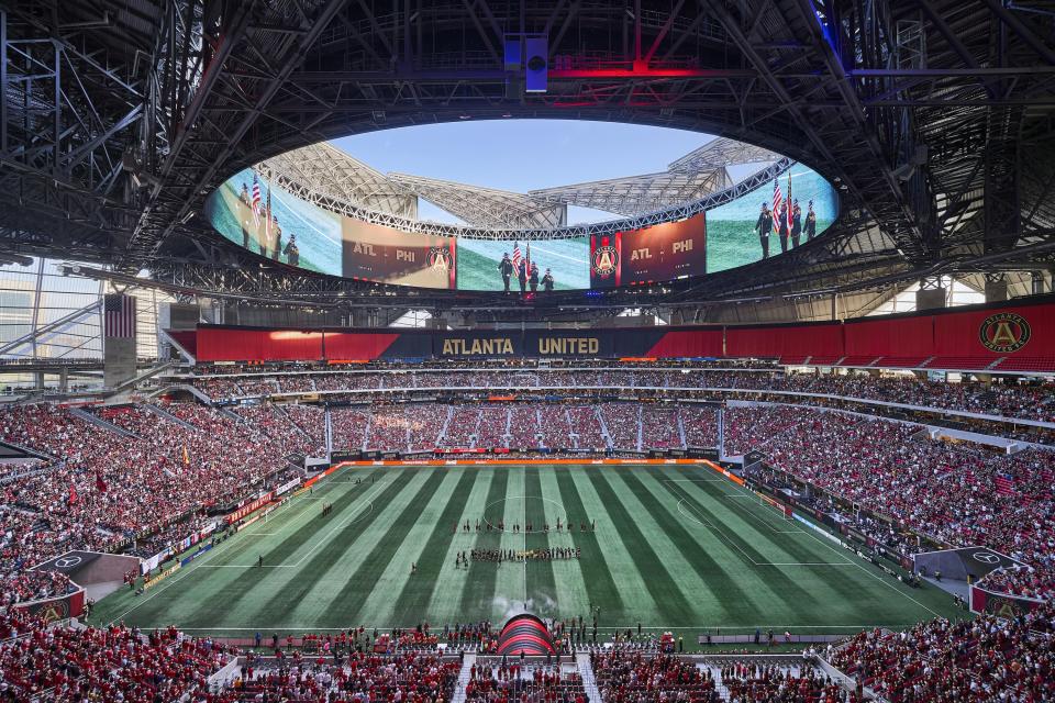 Mercedes-Benz Stadium features a 63,800-square-foot, 360-degree video board, the largest in the world.