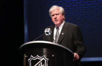 PITTSBURGH, PA - JUNE 22: General manager Brian Burke of the Toronto Maple Leafs speaks on stage during Round One of the 2012 NHL Entry Draft at Consol Energy Center on June 22, 2012 in Pittsburgh, Pennsylvania. (Photo by Bruce Bennett/Getty Images)