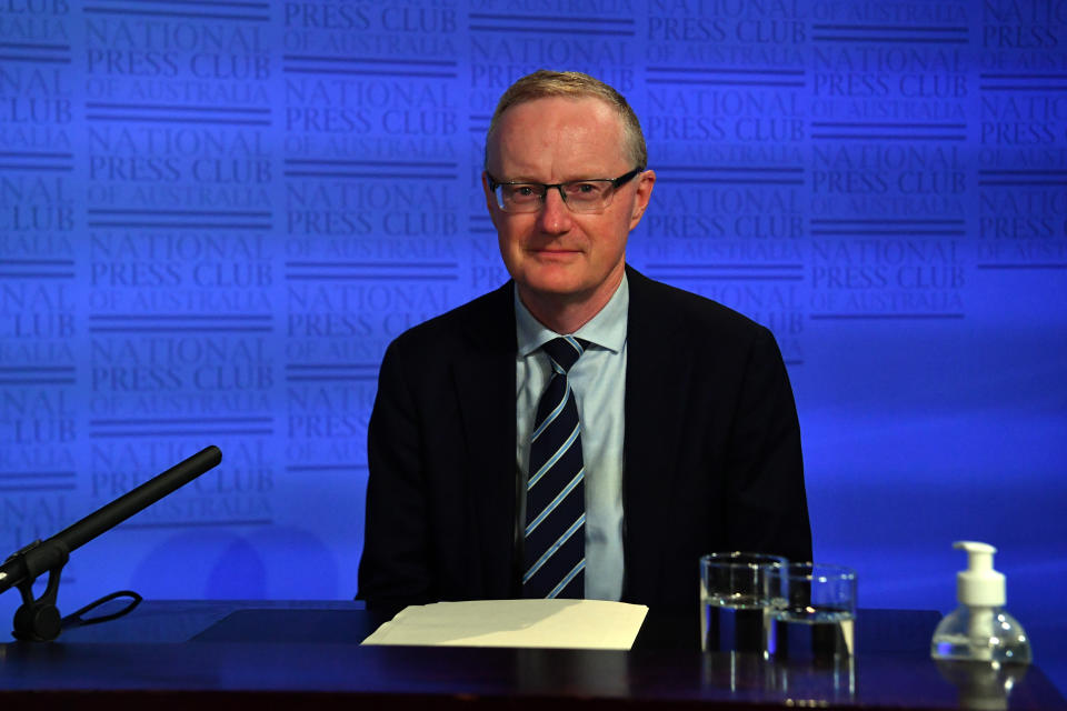 Reserve Bank of Australia governor Philip Lowe looks on during an address at the National Press Club. (Source: Getty)