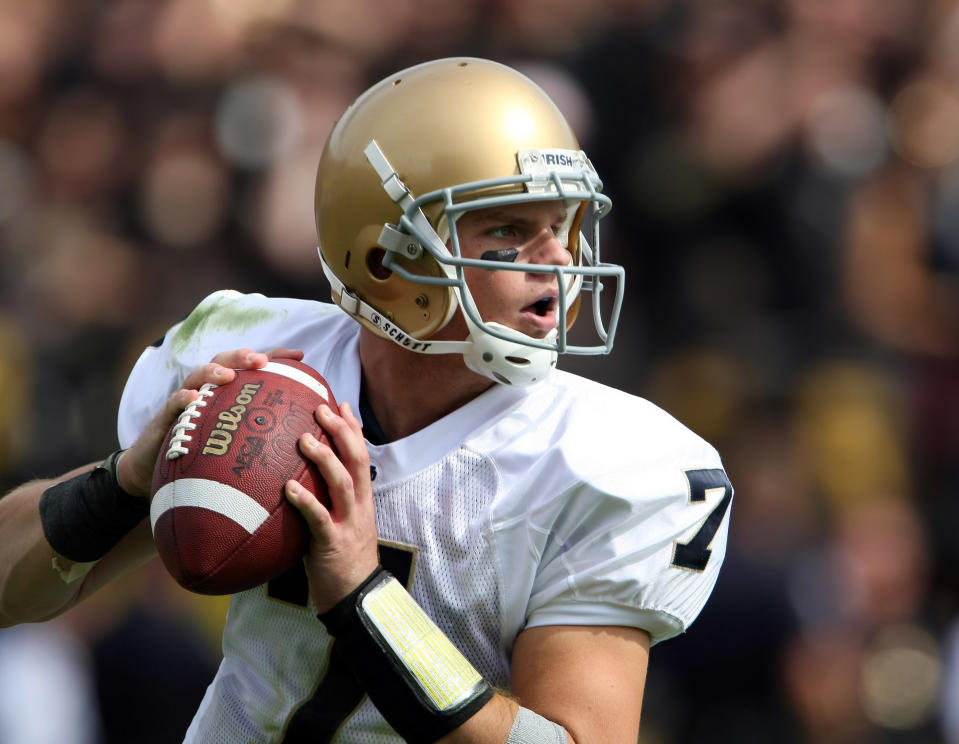 Sep. 29, 2007; West Lafayette, IN, USA; Notre Dame Fighting Irish quarterback Jimmy Clausen (7) looks to throw the ball in the second quarter against the Purdue Boilermakers at Ross-Ade Stadium. Purdue beat Notre Dame 33-19. Matt Cashore-USA TODAY Sports