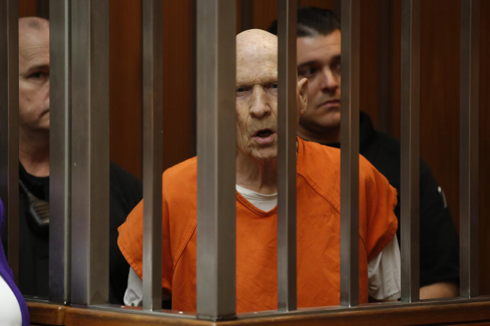 Joseph James DeAngelo, charged with being the Golden State Killer, appears in Sacramento County Superior Court in Sacramento, Calif., Thursday, March 12, 2020. Superior Court Judge Steve White approved prosecutors' request to take more DNA samples from DeAngelo, over the objections of his defense attorneys. (AP Photo/Rich Pedroncelli)