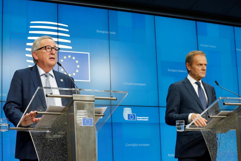 European Council President Donald Tusk and European Commission President Jean-Claude Juncker hold a joint news conference during an EU leaders summit (REUTERS)