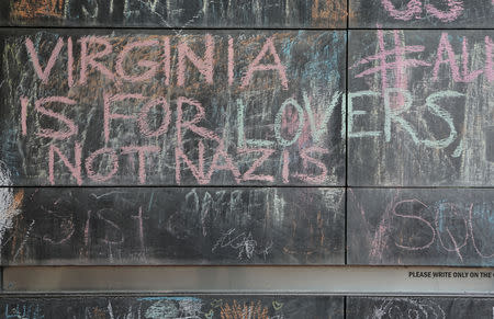 FILE PHOTO: Messages are left on a chalkboard wall ahead of the one-year anniversary of 2017 Charlottesville "Unite the Right" protests, in Charlottesville, Virginia, U.S., August 10, 2018. REUTERS/Jim Urquhart/File Photo