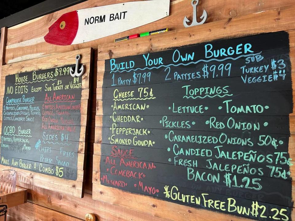 The menu at The Camphouse Burger Bar in Long Beach, Mississippi.