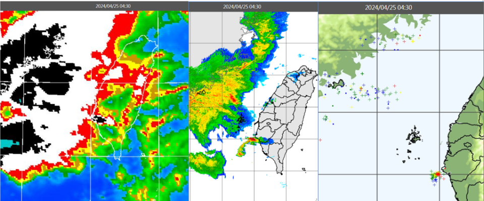 今晨4：30紅外線色調強化雲圖顯示，對流雲系前緣離開福建、進入台灣海峽，台南外海有雷雨胞(左)；4：30雷達回波合成圖顯示，對流雲系伴隨降水回波(中)及密集閃電(右)。取自三立準氣象.老大洩天機官網