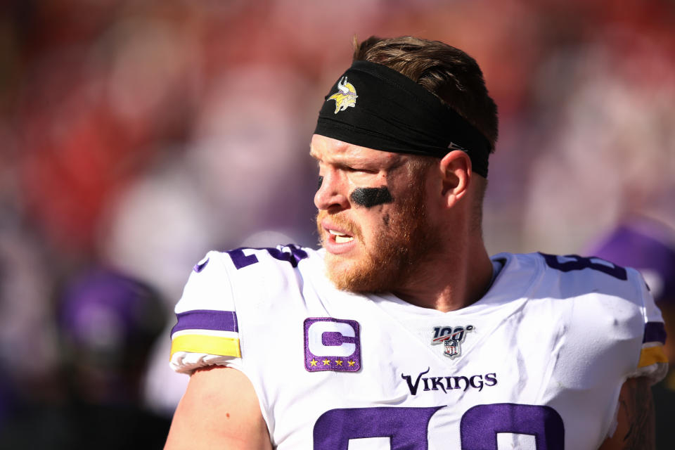 SANTA CLARA, CALIFORNIA - JANUARY 11: Kyle Rudolph #82 of the Minnesota Vikings looks on from the sidelines during the first half of the NFC Divisional Round Playoff game against the San Francisco 49ers at Levi's Stadium on January 11, 2020 in Santa Clara, California. (Photo by Ezra Shaw/Getty Images)