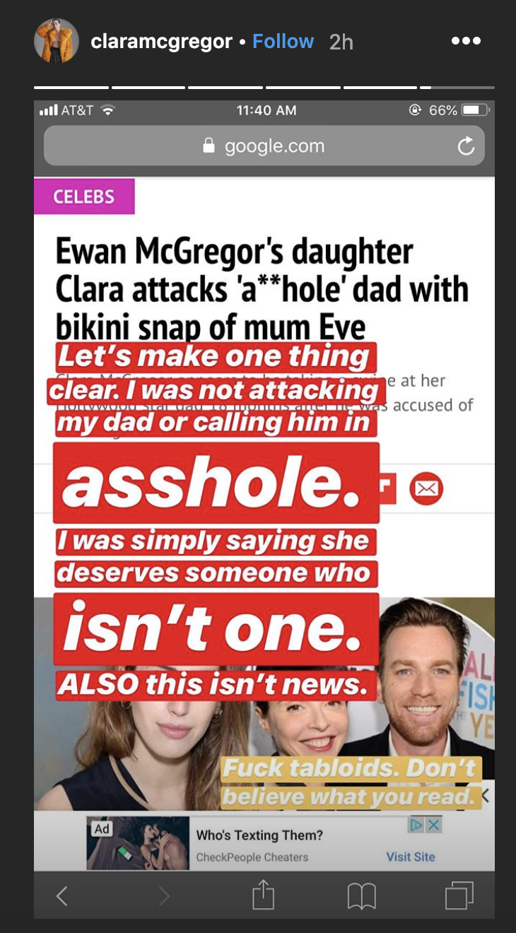 Clara McGregor shot down reports she was slamming father Ewan, (Photo: Clara McGregor via Instagram)