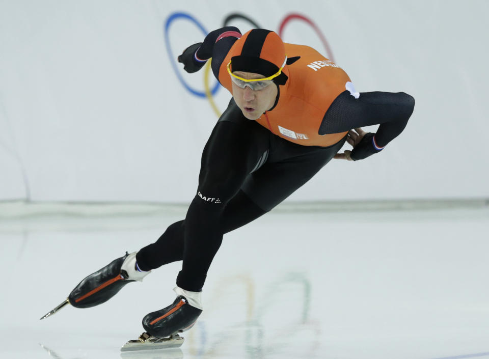 Stefan Groothuis of the Netherlands competes in the men's 1,000-meter speedskating race at the Adler Arena Skating Center during the 2014 Winter Olympics in Sochi, Russia, Wednesday, Feb. 12, 2014. (AP Photo/Matt Dunham)