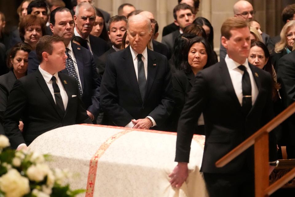 President Joe Biden attends a funeral service for Sandra Day O'Connor, the first female Supreme Court justice, at the Washington National Cathedral. O'Connor died on Dec. 1, 2023.