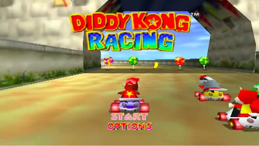 Opening image from Diddy Kong Racing, showing Diddy in his vehicle racing next to Conker