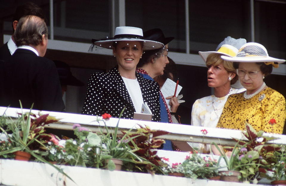 The former Duchess Of York with the Queen watching the racing from the Royal Box in 1987. (Getty Images) 