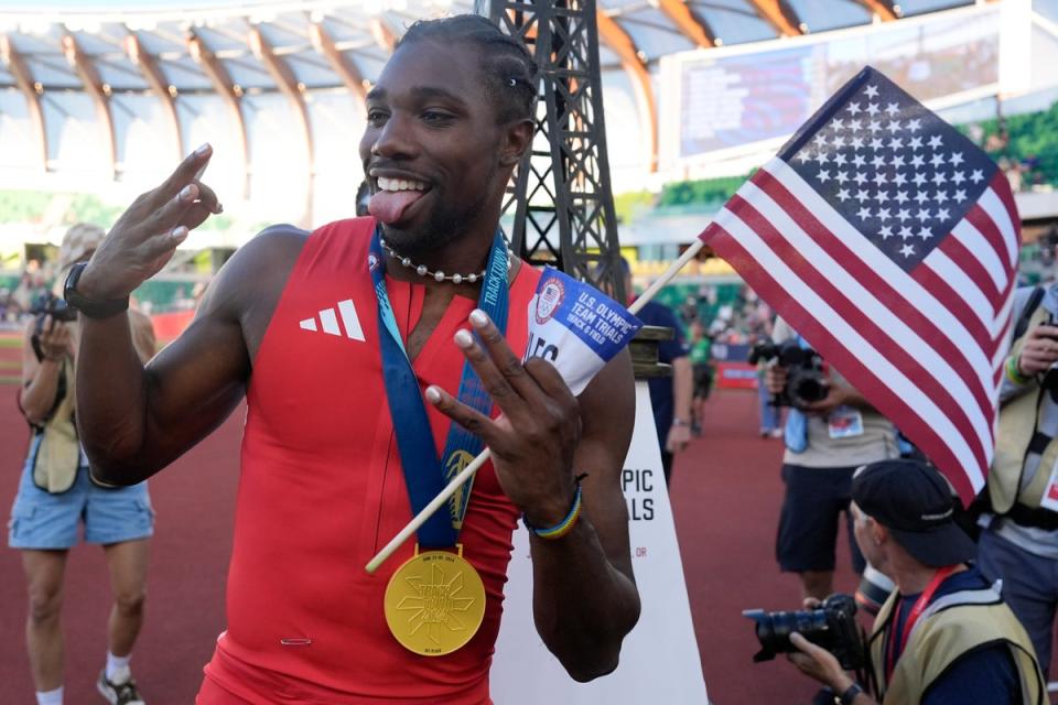 Noah Lyles in June, after winning the men’s 100m final at the US track and field Olympic trials (Copyright 2024 The Associated Press. All rights reserved)