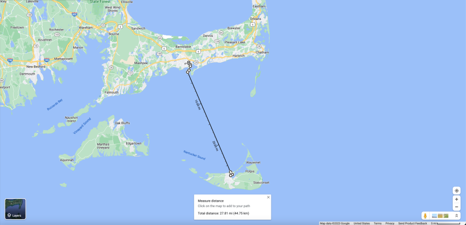 The Woods Hole, Martha's Vineyard and Nantucket Steamship Authority ferry route from Hyannis to Nantucket is about 27 miles, according to Google Maps, representing a longer distance than New Bedford to Martha's Vineyard.