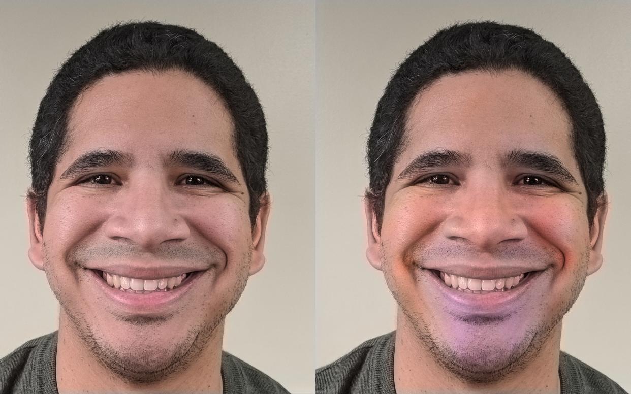 This composite image shows a happy face as it was originally photographed (left) and the same photo retouched to emphasize changes in color.  - Ohio State University 