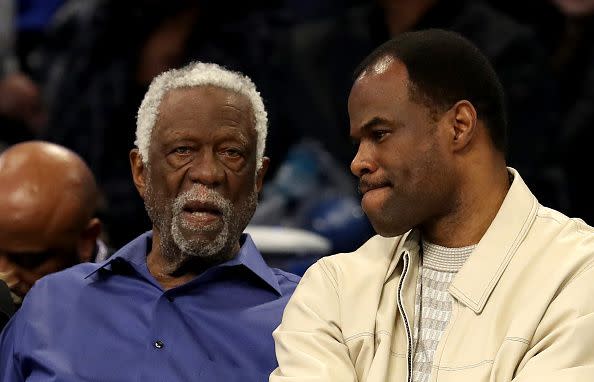 CHARLOTTE, NORTH CAROLINA - FEBRUARY 17: Bill Russell and David Robinson talk during the NBA All-Star game as part of the 2019 NBA All-Star Weekend at Spectrum Center on February 17, 2019 in Charlotte, North Carolina.  NOTE TO USER: User expressly acknowledges and agrees that, by downloading and/or using this photograph, user is consenting to the terms and conditions of the Getty Images License Agreement. (Photo by Streeter Lecka/Getty Images)