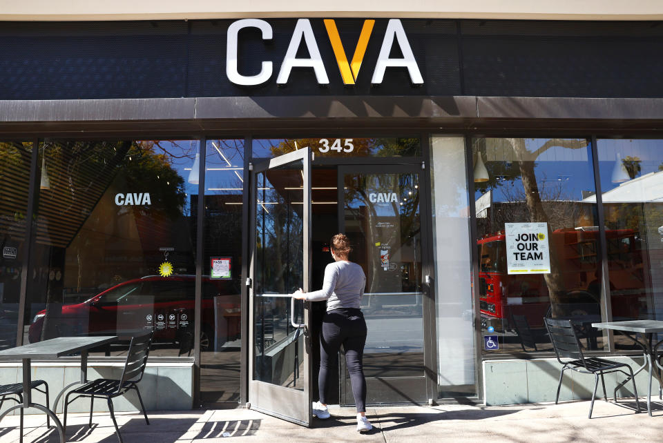 PASADENA, CALIFORNIA - FEBRUARY 06: A customer enters a Cava restaurant chain location on February 6, 2023 in Pasadena, California. The Mediterranean restaurant chain announced that it has confidentially filed paperwork for an initial public offering (IPO) with the Securities and Exchange Commission. (Photo by Mario Tama/Getty Images)