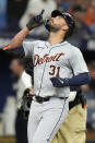 Detroit Tigers' Riley Greene celebrates his home run off Tampa Bay Rays starting pitcher Ryan Pepiot during the third inning of a baseball game Tuesday, April 23, 2024, in St. Petersburg, Fla. (AP Photo/Chris O'Meara)