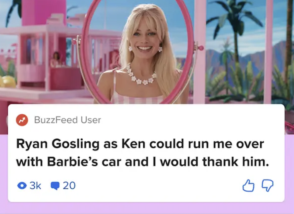 Promo for BuzzFeed app barbie discussion with a comment about ryan gosling as ken