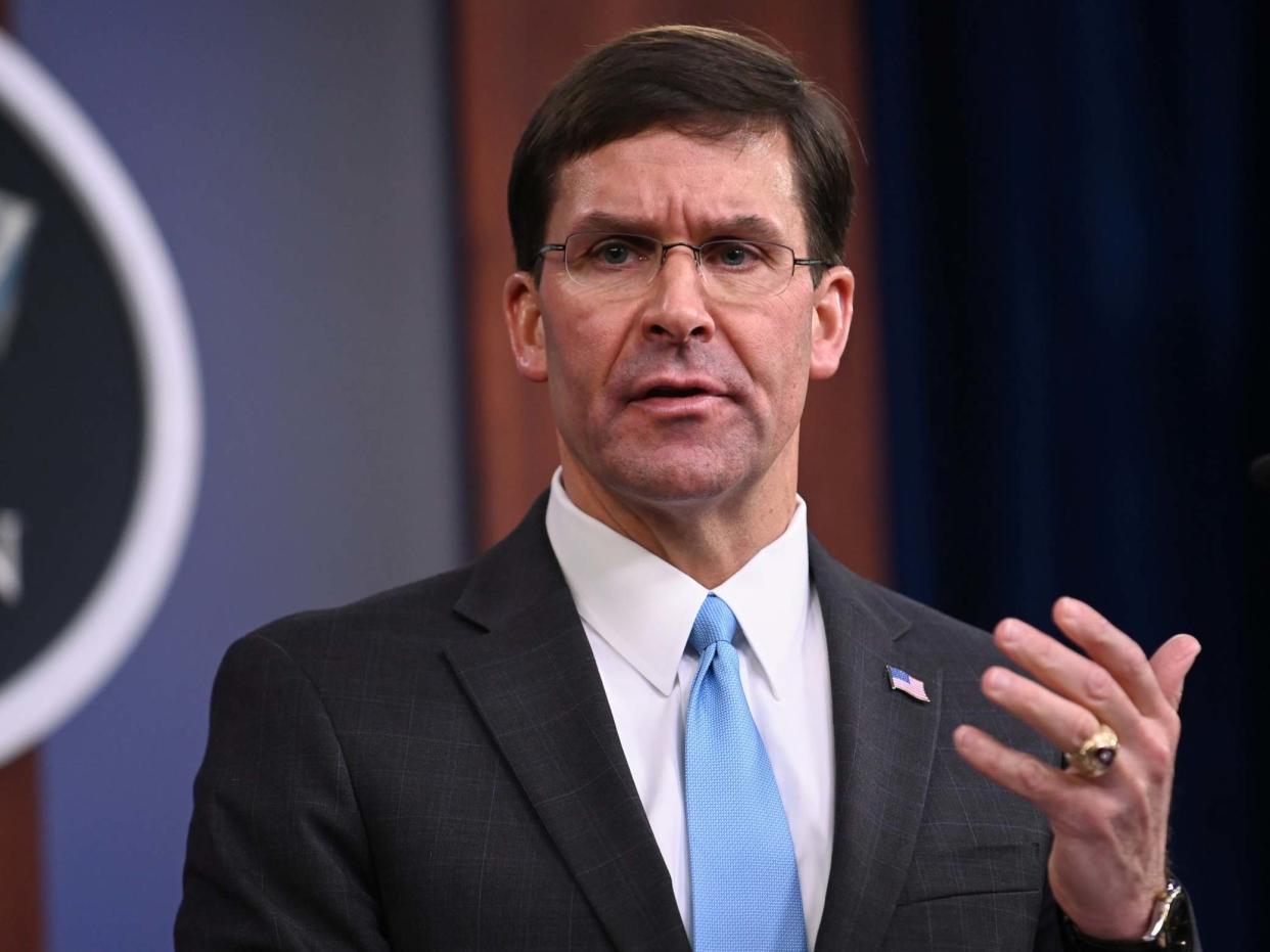 US Defence Secretary Mark Esper addresses reporters during a media briefing at the Pentagon: REUTERS