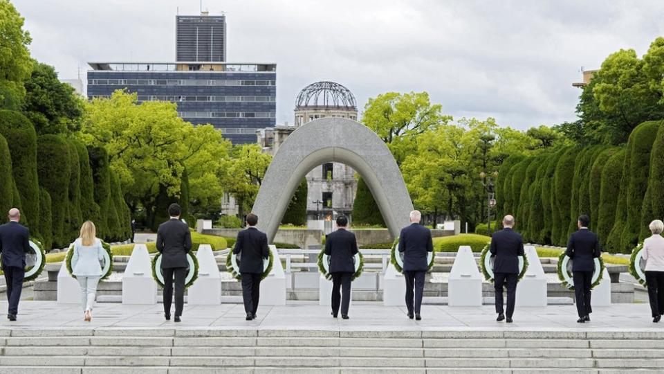 European Council President Charles Michel, Italian Prime Minister Giorgia Meloni, Canadian Prime Minister Justin Trudeau, French President Emmanuel Macron, Japanâ€™s Prime Minister Fumio Kishida, US President Joe Biden, German Chancellor Olaf Scholz, British Prime Minister Rishi Sunak, European Commission President Ursula von der Leyen lay flower wreaths at the Cenotaph for Atomic Bomb Victims in the Peace Memorial Park as part of the G7 Hiroshima Summit