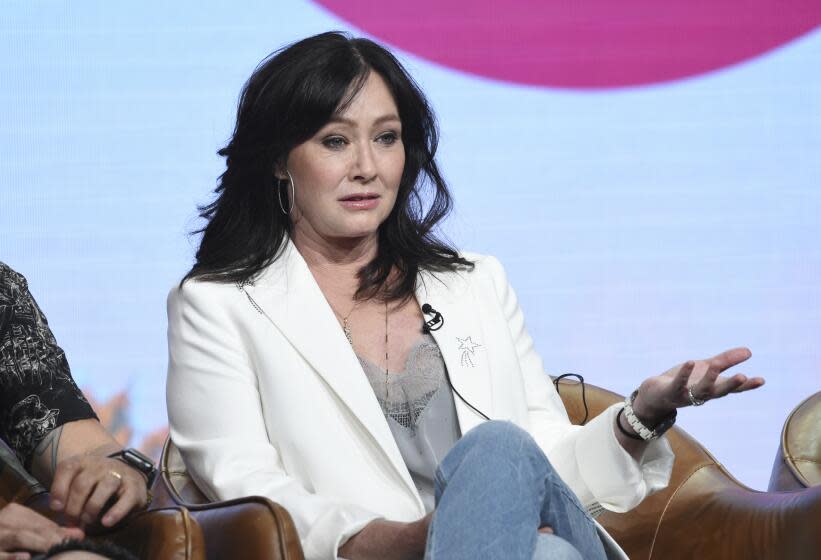 Shannen Doherty participates in Fox's "BH90210" panel at the Television Critics Association Summer Press Tour on Wednesday, Aug. 7, 2019, in Beverly Hills, Calif. (Photo by Chris Pizzello/Invision/AP)