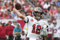 Tampa Bay Buccaneers quarterback Tom Brady passes during the first half of an NFL football game between the Carolina Panthers and the Tampa Bay Buccaneers on Sunday, Jan. 1, 2023, in Tampa, Fla. (AP Photo/Chris O'Meara)