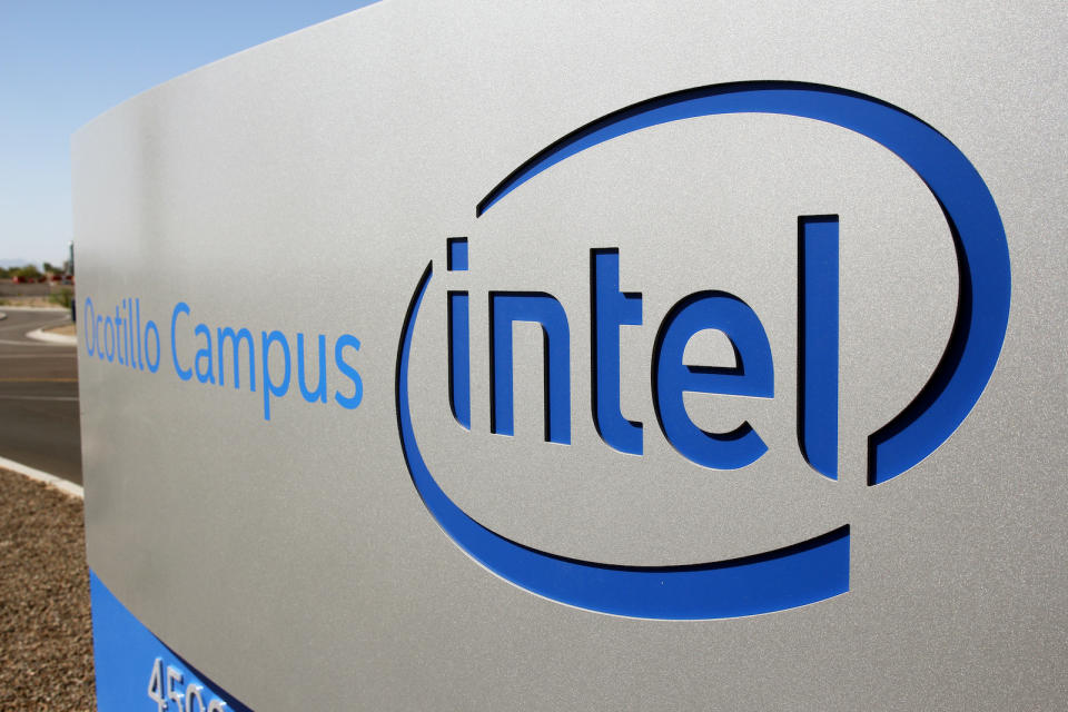 The logo for the Intel Corporation is seen on a sign outside the Fab 42 microprocessor manufacturing site in Chandler, Arizona, U.S., October 2, 2020. REUTERS/Nathan Frandino - RC2MAJ9LXSDX