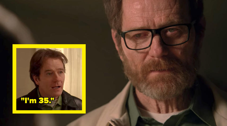 Walt looks positively ancient, having aged rapidly from the cancer, meth cooking, and his crimes, and there is a small picture in the corner of Walt in the flashback scene when he looked like a very unconvincing 35-year-old