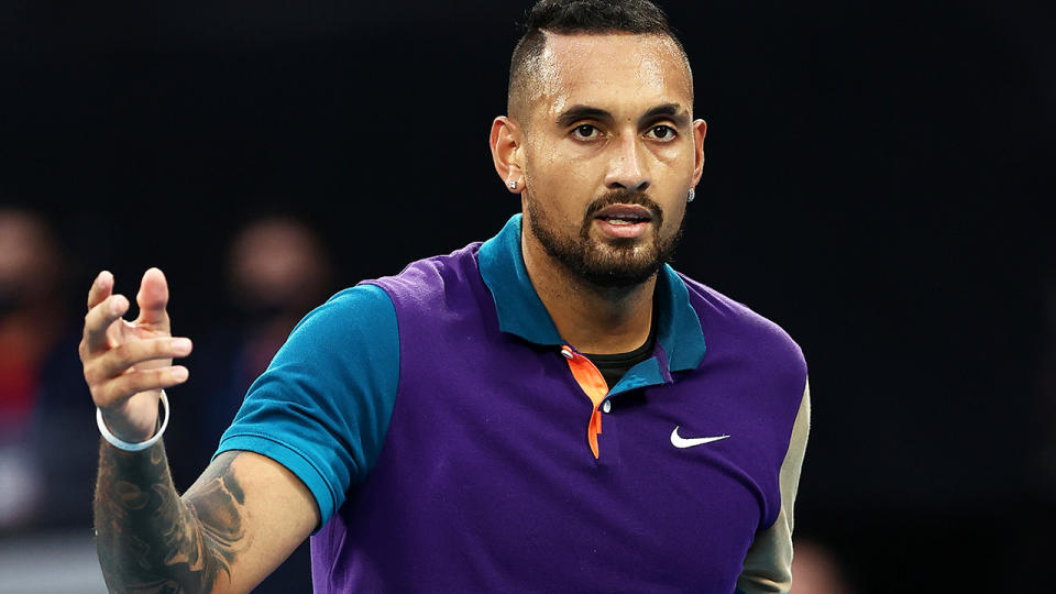 Nick Kyrgios eased past first round opponent Frederico Ferreira Silva of Portugal during day one of the 2021 Australian Open. (Photo by Cameron Spencer/Getty Images)