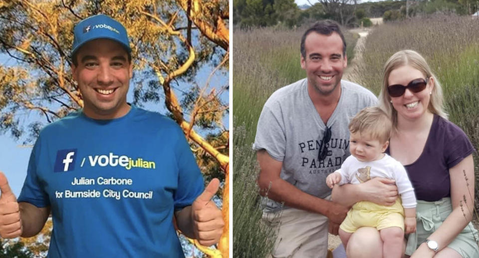 Mr Carbnone in a campaign t-shirt (left) and Mr Carbone with his wife and their child (right)