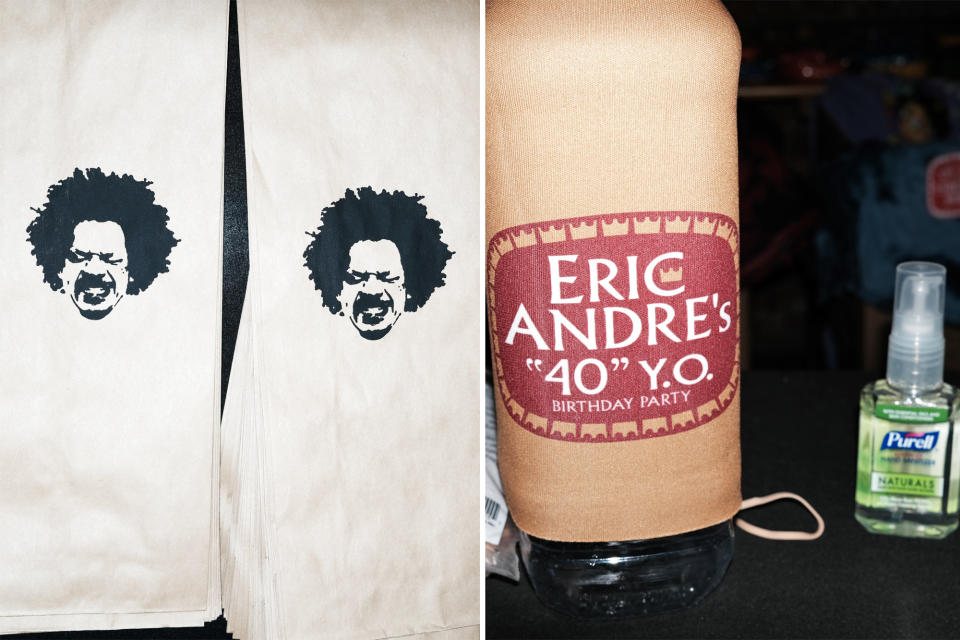 Paper bags at the merch table sporting André's face (left) and an Eric André–branded koozie