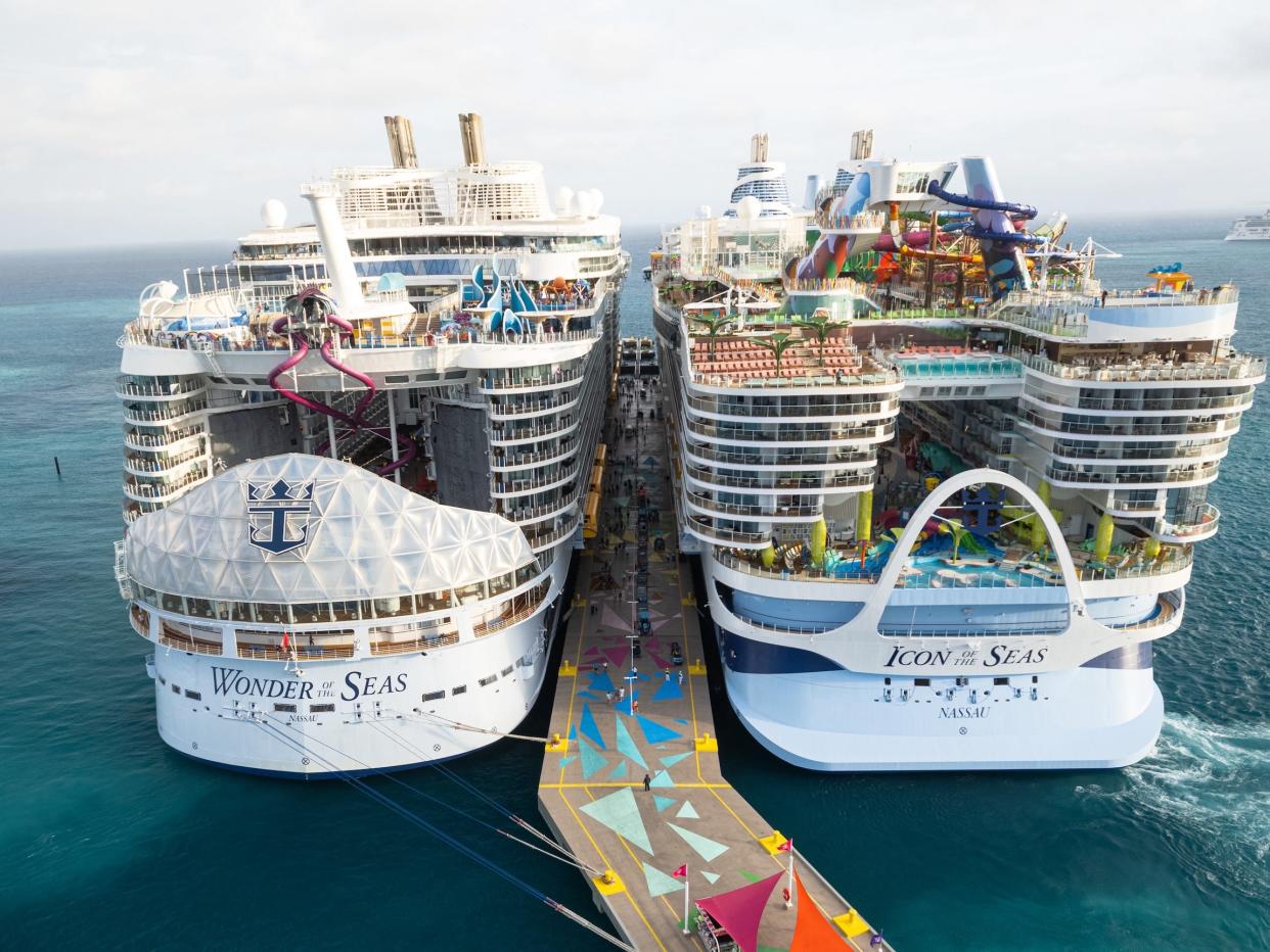 Wonder of the Seas and Icon of the Seas docked at Perfect Day at CocoCay