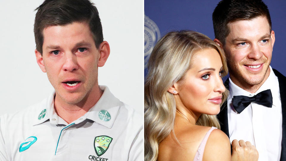 Pictured left is an emotional Tim Paine, with the right showing the cricketer with his wife Bonnie.