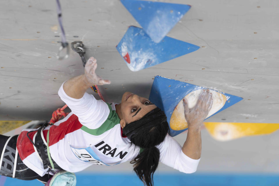 Iranian athlete Elnaz Rekabi competes during the women's Boulder & Lead final during the IFSC Climbing Asian Championships in Seoul, October 16, 2022. / Credit: Rhea Kang/AP