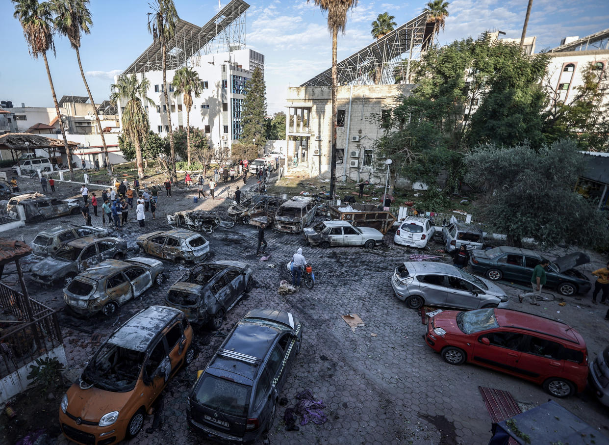 GAZA CITY, GAZA - OCTOBER 18: A view of the surroundings of Al-Ahli Baptist Hospital after it was hit in Gaza City, Gaza on October 18, 2023. Over 500 people were killed on Al-Ahli Baptist Hospital in Gaza on Tuesday, Health Ministry spokesman Ashraf al-Qudra told. According to the Palestinian authorities, Israeli army is responsible for the deadly bombing. (Photo by Ali Jadallah/Anadolu via Getty Images)