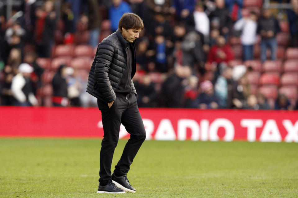 FILE - Tottenham's head coach Antonio Conte walks off the field after a English Premier League soccer match against Southampton at St. Mary's Stadium in Southampton, England, Saturday, March 18, 2023. Tottenham announced that manager Antonio Conte has left the Premier League club "by mutual agreement." (AP Photo/David Cliff, File)