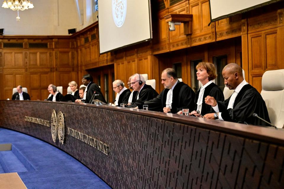 Magistrates are seen at the International Court of Justice (ICJ) as part of South Africa's request on a Gaza ceasefire in The Hague, on May 24, 2024, amid the ongoing conflict between Israel and the Hamas movement. (AFP via Getty Images)