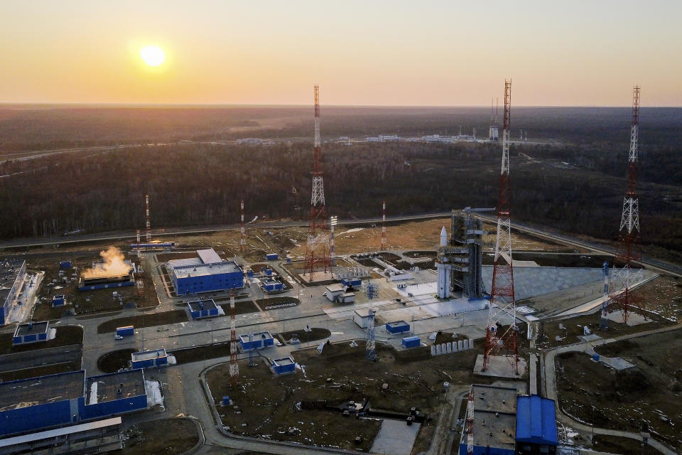 In this photo released by Roscosmos space corporation on Monday, April 8, 2024 an Angara-A5 rocket is seen during preparation for the launch at Vostochny space launch facility outside the city of Tsiolkovsky, about 200 kilometers (125 miles) from the city of Blagoveshchensk in the far eastern Amur region, Russia. The Angara-A5 is a new heavy-lift rocket developed in Russia.(Roscosmos space corporation via AP)