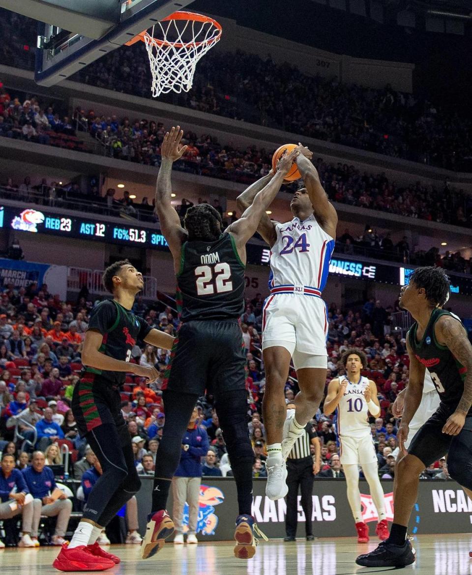 Kansas forward K.J. Adams Jr. (24) goes up for a shot against Howard forward Shy Odom (22) during a first-round college basketball game in the NCAA Tournament Thursday, March 16, 2023, in Des Moines, Iowa.