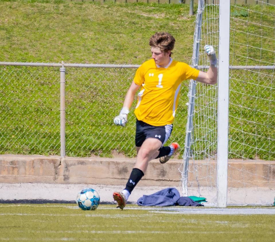 LASA Raptors goalkeeper Marco Vidal (1) for the kick in against the Northeast Raiders during the second half at the District 24-5A boys soccer game on Saturday, Mar 3, 2024, at Nelson Field in Austin, Texas.