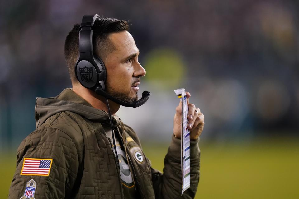 Green Bay Packers head coach Matt LaFleur watches during the second half of an NFL football game against the Philadelphia Eagles, Sunday, Nov. 27, 2022, in Philadelphia. (AP Photo/Chris Szagola)