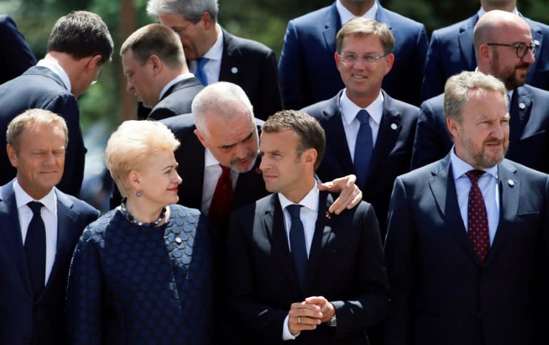 Albania's Prime Minister Edi Rama speaks with France's President Emmanuel Macron and Lithuania's President Dalia Grybauskaite at the EU-Western Balkans summit in Sofia