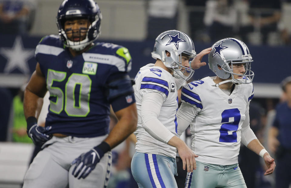 Dallas Cowboys kicker Brett Maher (2) hit a field goal and also made a huge tackle in the first half against the Seahawks. (AP)