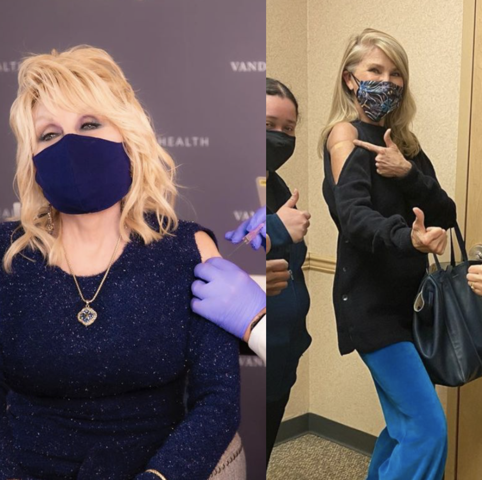 Dolly Parton and Christie Brinkley wear cold shoulder tops for their COVID-19 vaccinations. (Photo: Instagram)