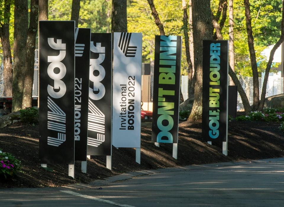Banners line the entrance to The International for the upcoming LIV Golf Boston Invitational. Loc Livgolf 0826 2