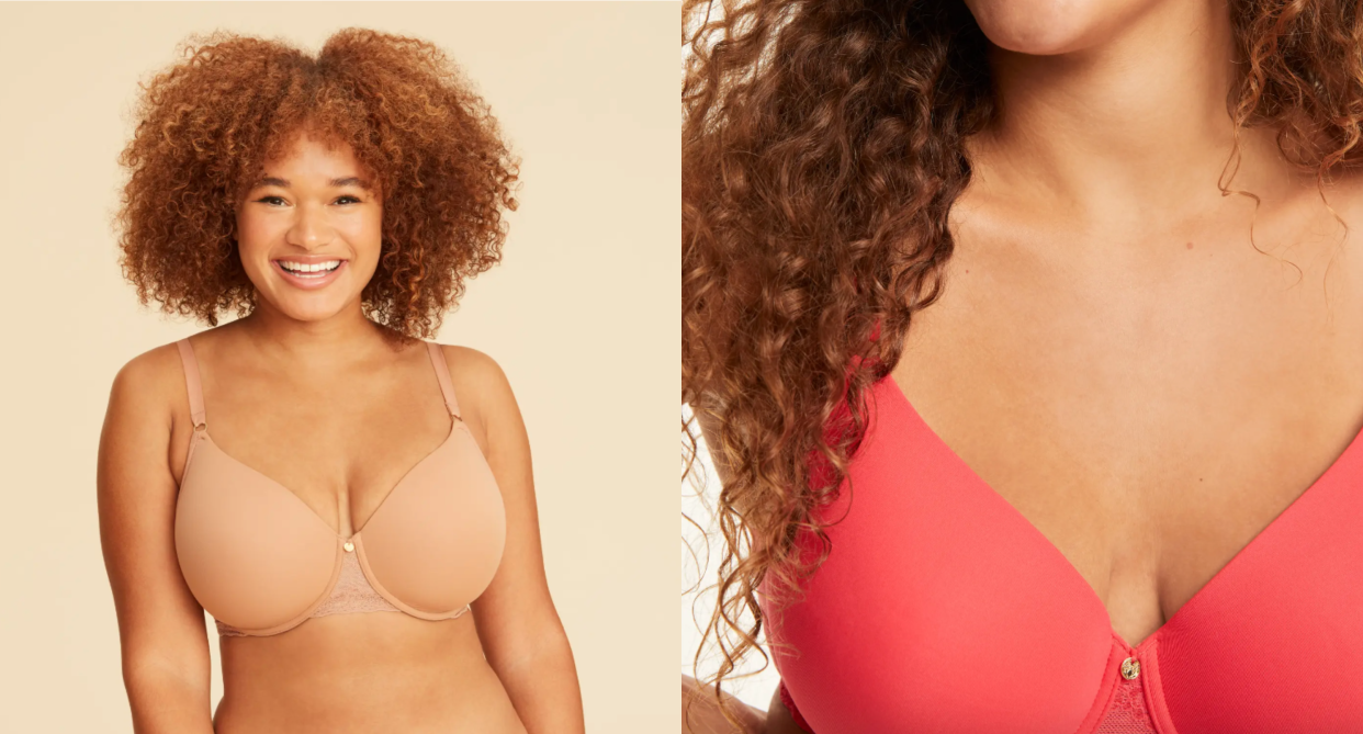 split screen of woman wearing beige natori bliss perfection underwire bra from nordstrom and woman with curly hair wearing pink bra