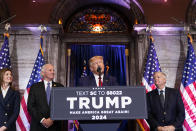 Former President Donald Trump speaks during a campaign event at the South Carolina Statehouse, Saturday, Jan. 28, 2023, in Columbia, S.C. Sen. Lindsey Graham, R-S.C., right, and South Carolina Gov. Henry McMaster, second from left, look on. (AP Photo/Alex Brandon)
